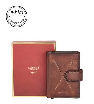 The X-Stitch Leather & Metal RFID ID Card Case in cognac | OSPREY LONDON